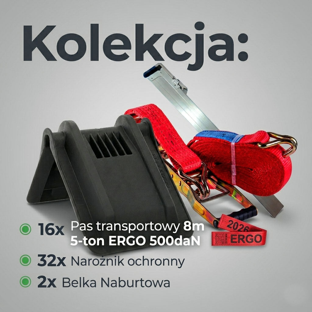 Zestaw: 16x Pas transportowy 8m 5-ton ERGO 500daN metka 2026 32x Narożnik 2x Belka Naburtowa