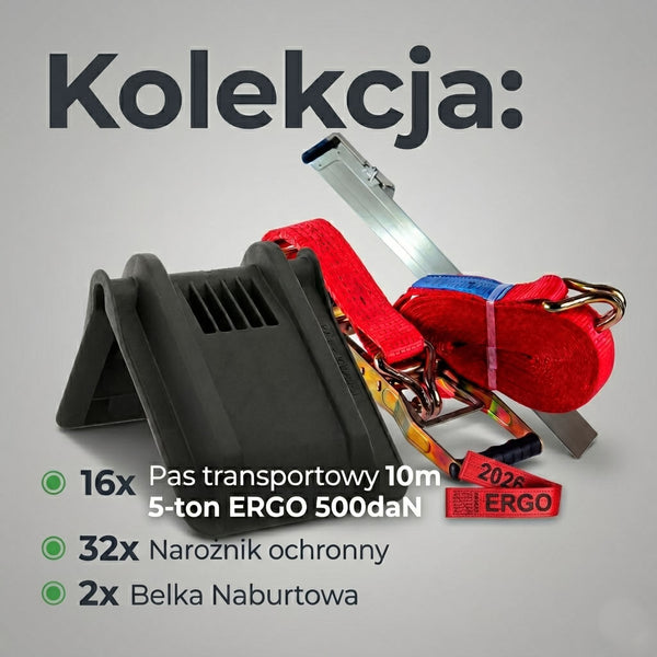 Zestaw: 16x Pas transportowy 10m 5-ton ERGO 500daN metka 2026 32x Narożnik 2x Belka Naburtowa